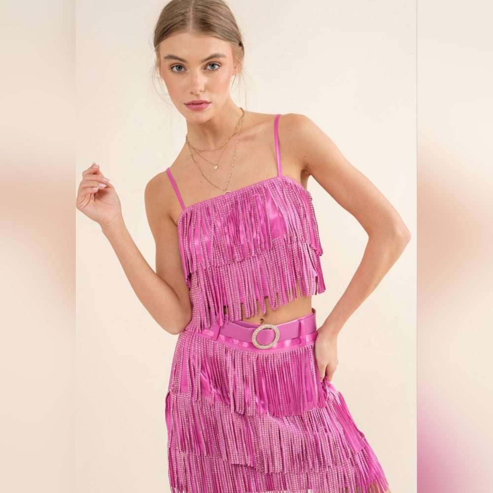 NWT Blue B Pink Rhinestone Suede Fringe Top & Skirt Set Country Concert Outfit